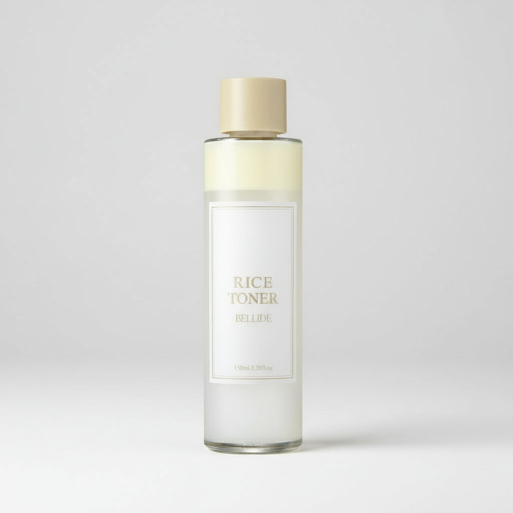 Rice toner bottle and packaging on a white background